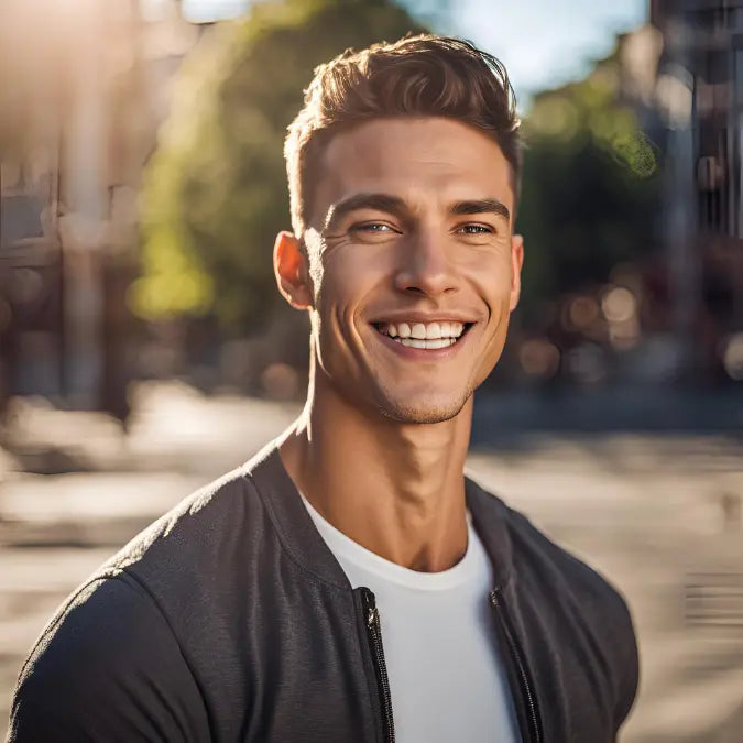 A person smiling outdoors on a sunny day.